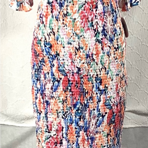 NWT Large Luxxel Multicolor Floral Midi Dress smocked body ruffle - Picture 9 of 16